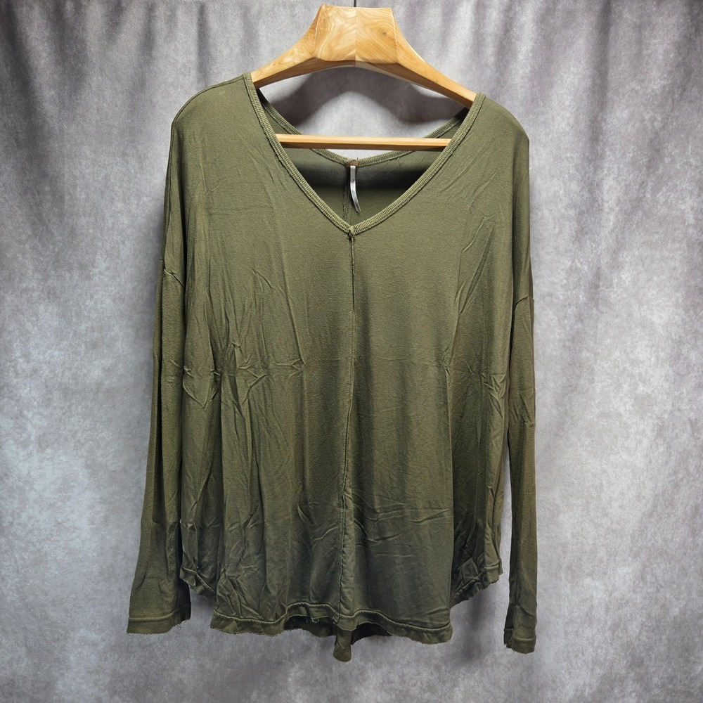 Free People Womens Olive Green V-Neck Relaxed Long Sleeve Top Size S OB446777